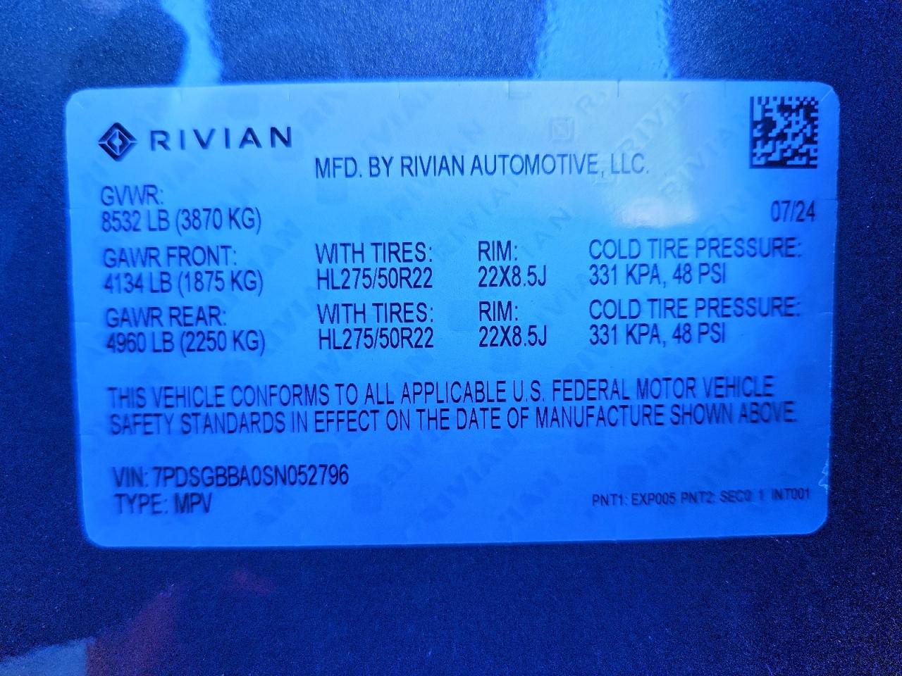 2025 Rivian R1S Adventure VIN: 7PDSGBBA0SN052796 Lot: 94027635