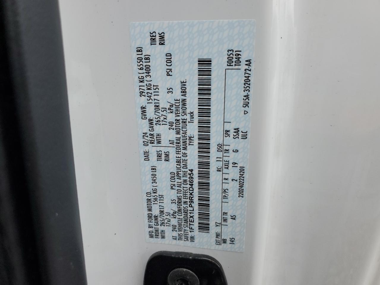 2024 Ford F150 Xl VIN: 1FTEX1LP9RKD46954 Lot: 91727615