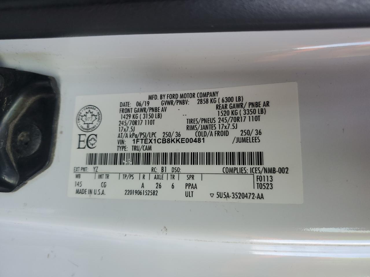 2019 Ford F150 Super Cab VIN: 1FTEX1CB8KKE00481 Lot: 92031525