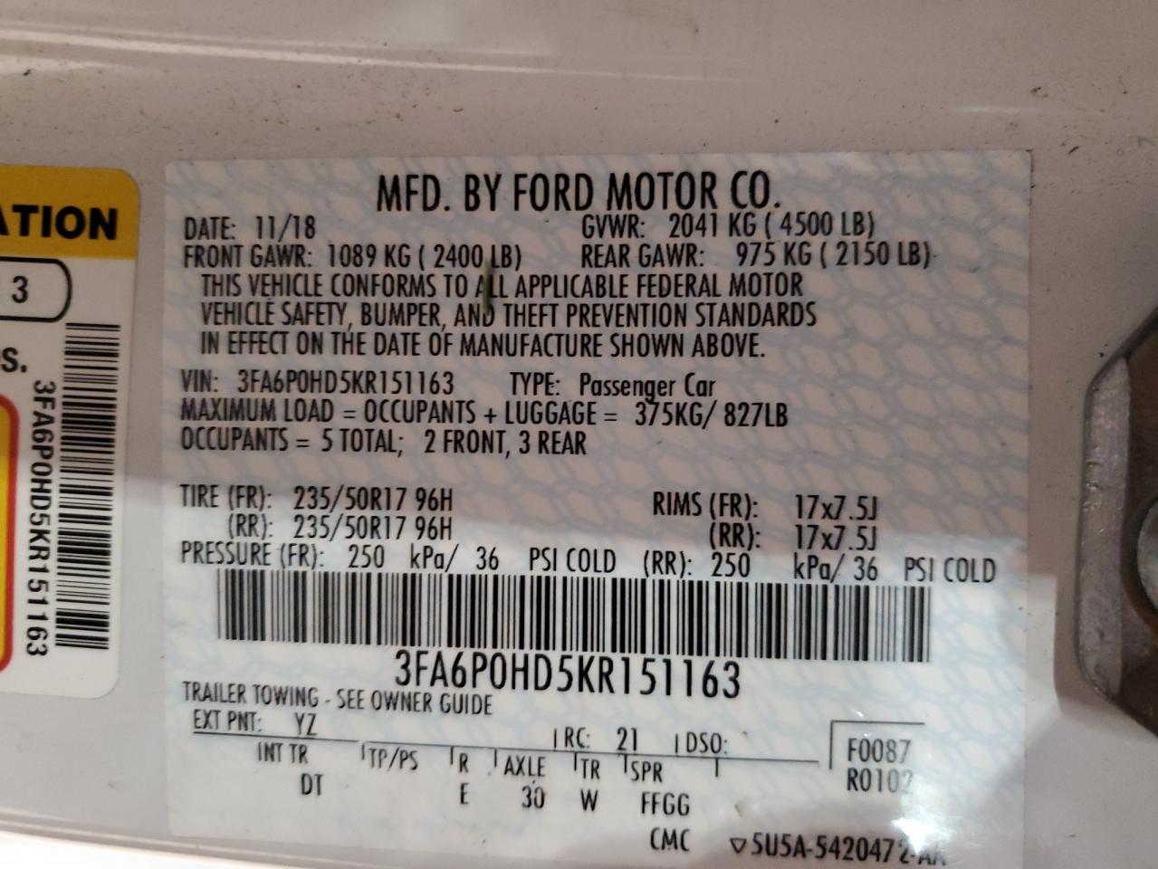 2019 Ford Fusion Se VIN: 3FA6P0HD5KR151163 Lot: 90988595