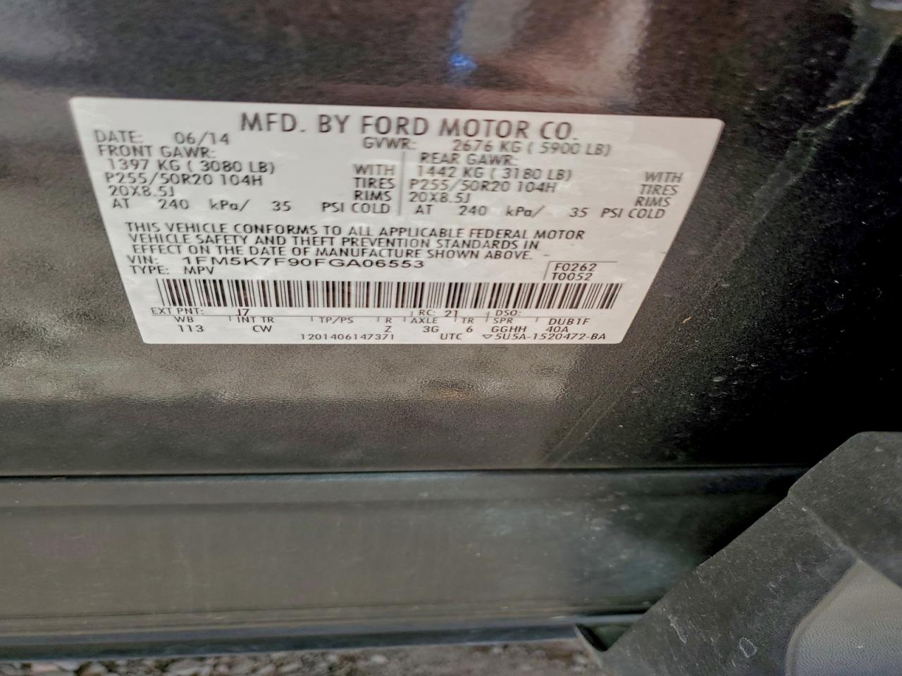 2015 Ford Explorer Limited VIN: 1FM5K7F90FGA06553 Lot: 94345255