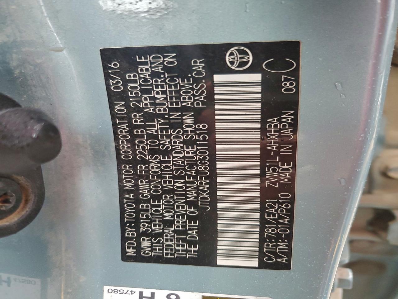 2016 Toyota Prius VIN: JTDKARFU8G3011518 Lot: 92758295