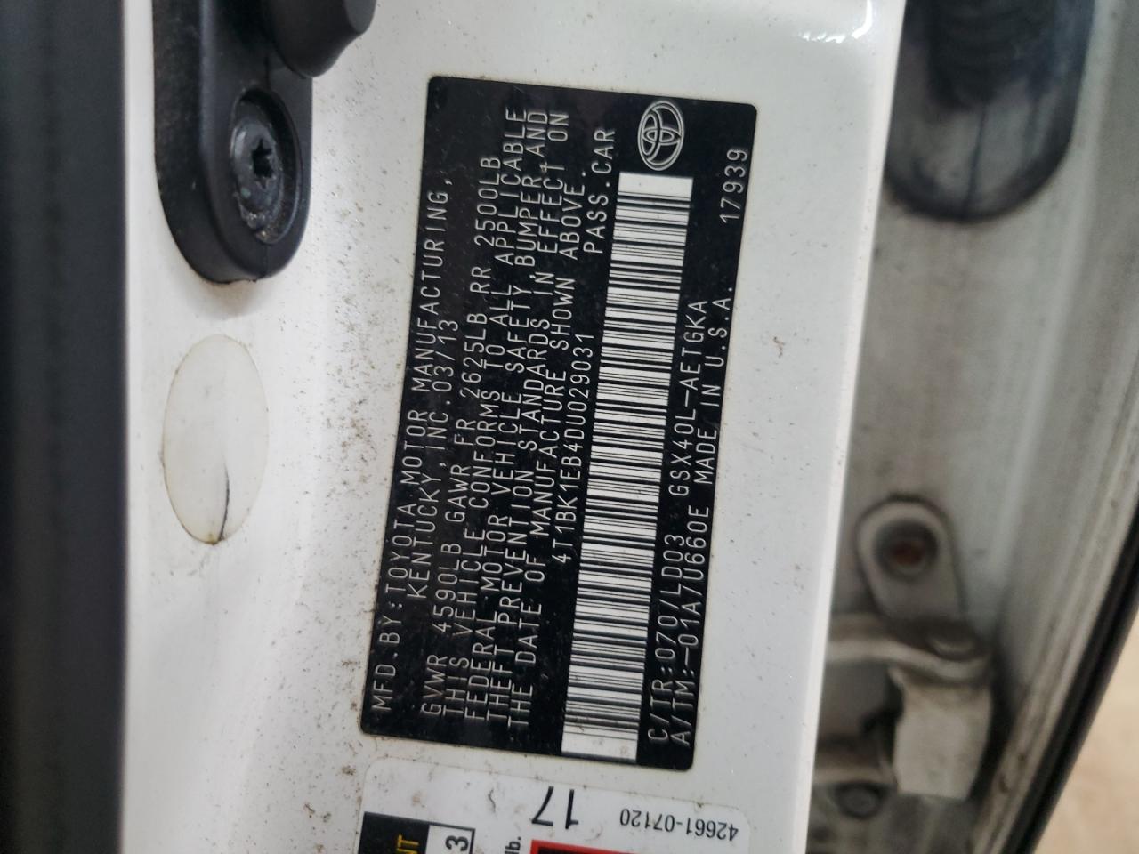 2013 Toyota Avalon Base VIN: 4T1BK1EB4DU029031 Lot: 93902125