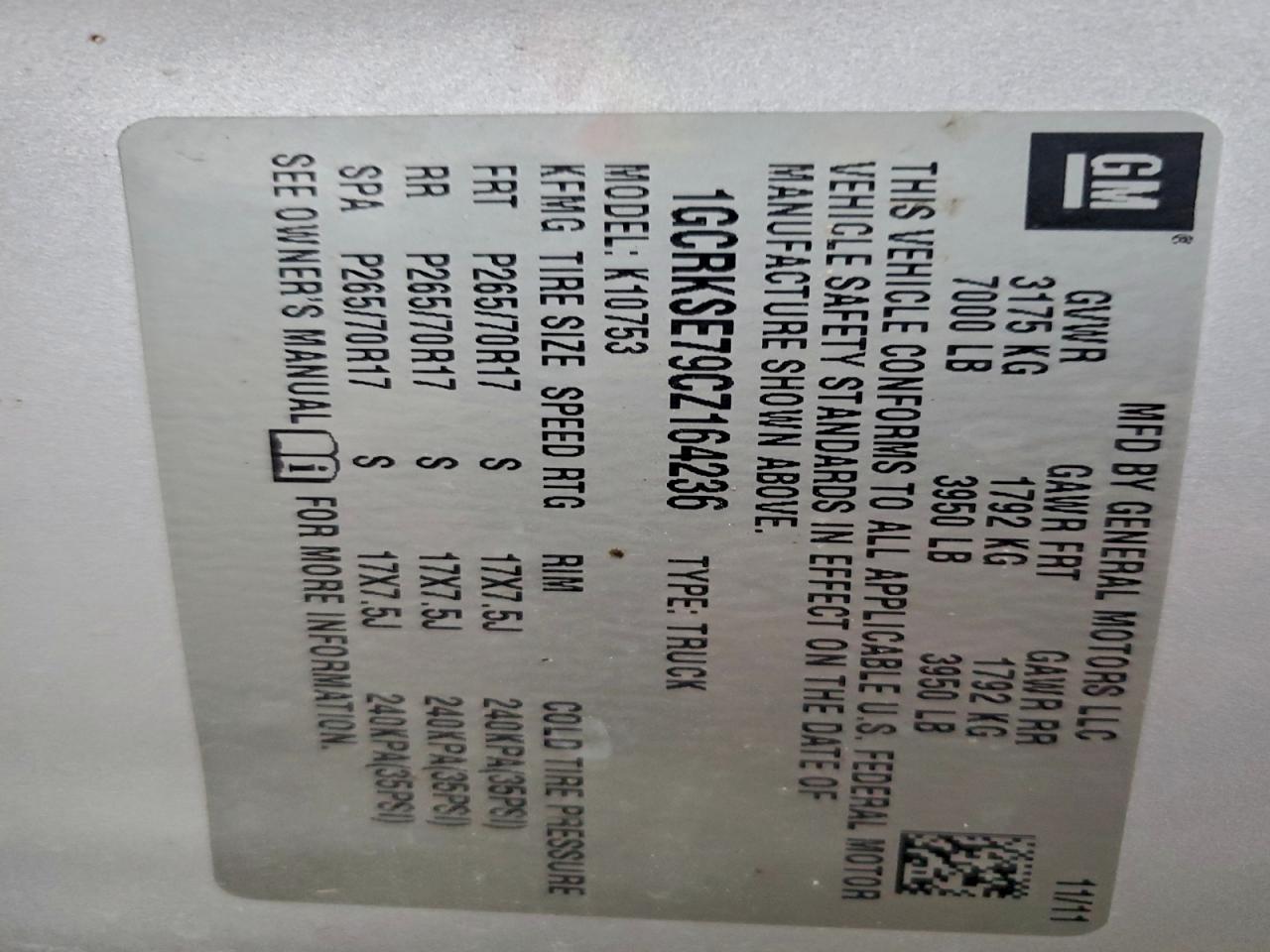 2012 Chevrolet Silverado K1500 Lt VIN: 1GCRKSE79CZ164236 Lot: 93705965