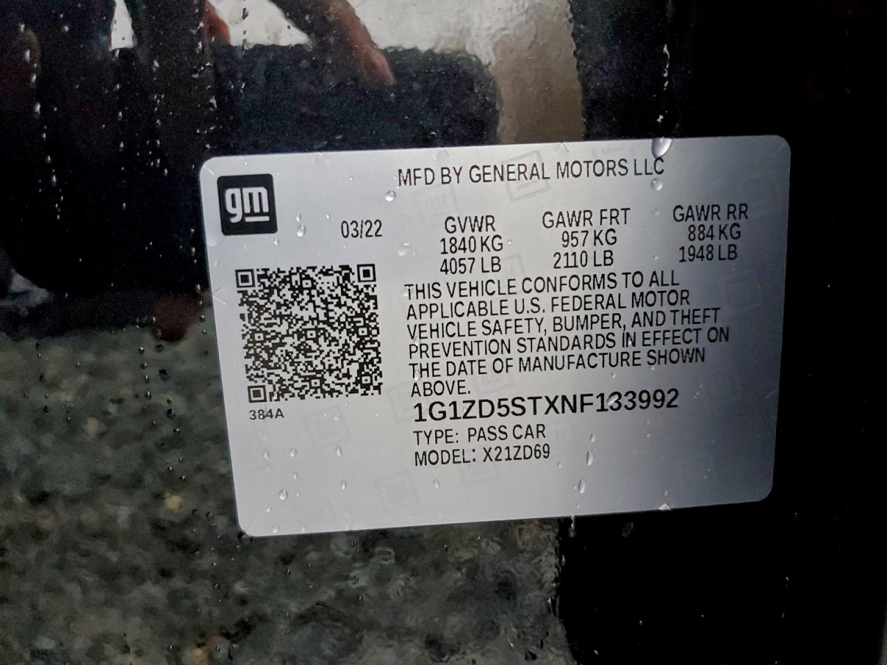 2022 Chevrolet Malibu Lt VIN: 1G1ZD5STXNF133992 Lot: 94701045