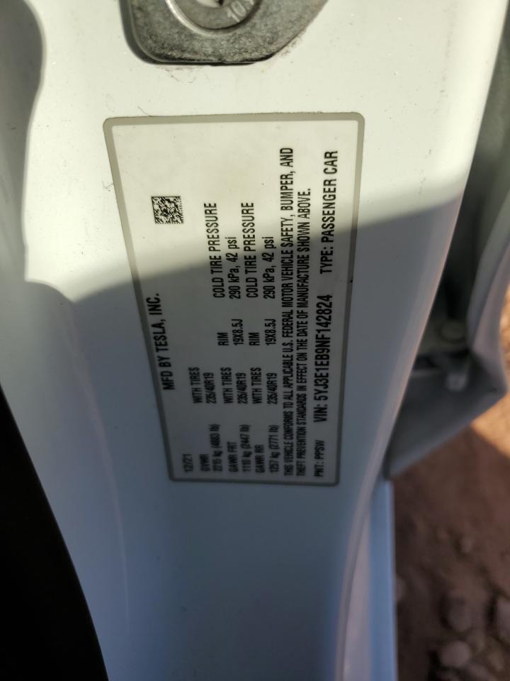 2022 Tesla Model 3 VIN: 5YJ3E1EB9NF142824 Lot: 91925935