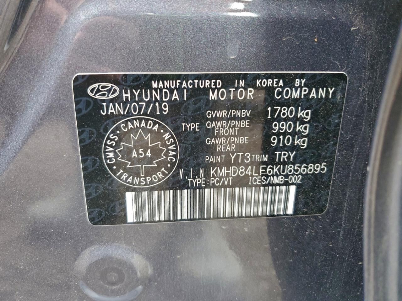 2019 Hyundai Elantra Sel VIN: KMHD84LF6KU856895 Lot: 94295305