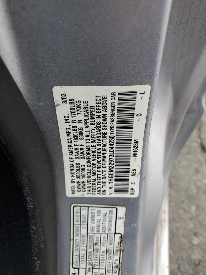 2003 Honda Civic Ex VIN: 1HGEM22973L044230 Lot: 93311595