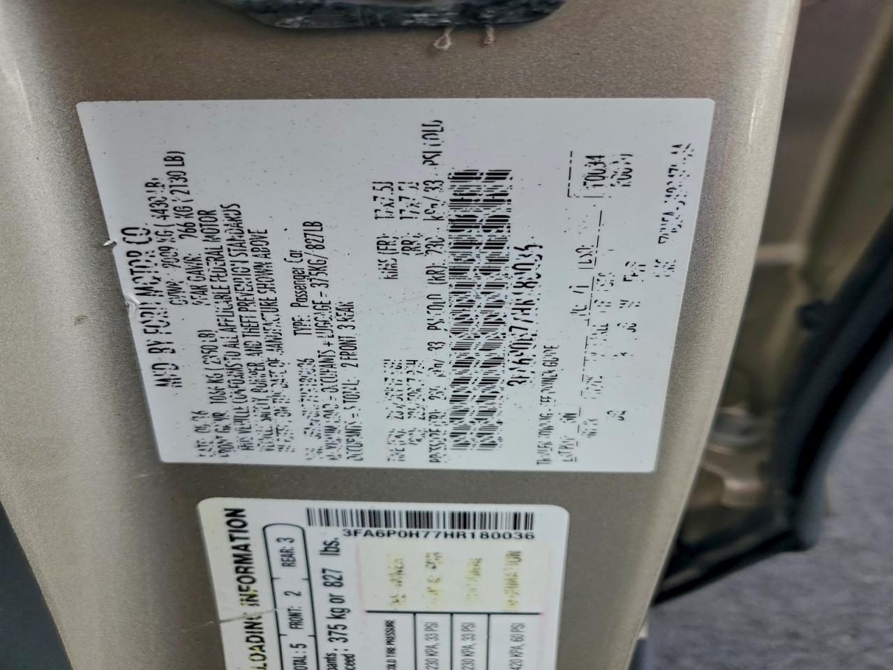 2017 Ford Fusion Se VIN: 3FA6P0H77HR180036 Lot: 94360015