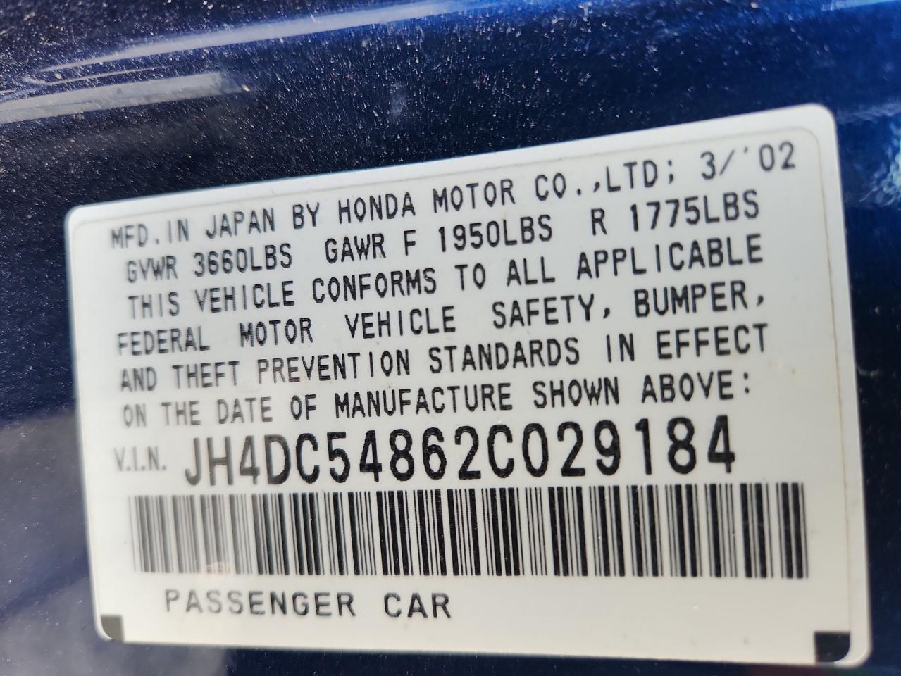 2002 Acura Rsx VIN: JH4DC54862C029184 Lot: 92684195