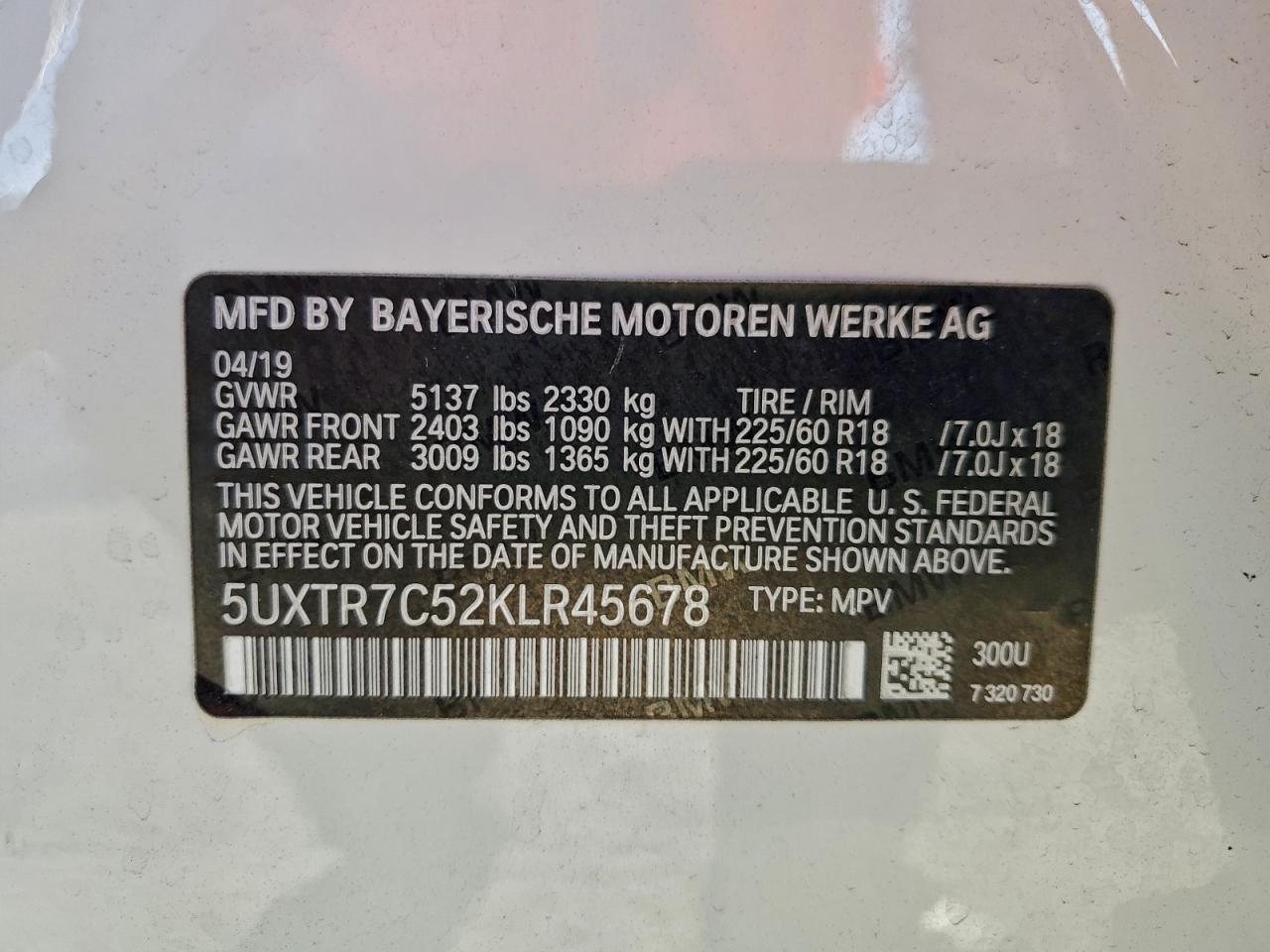 2019 BMW X3 Sdrive30I VIN: 5UXTR7C52KLR45678 Lot: 92471495