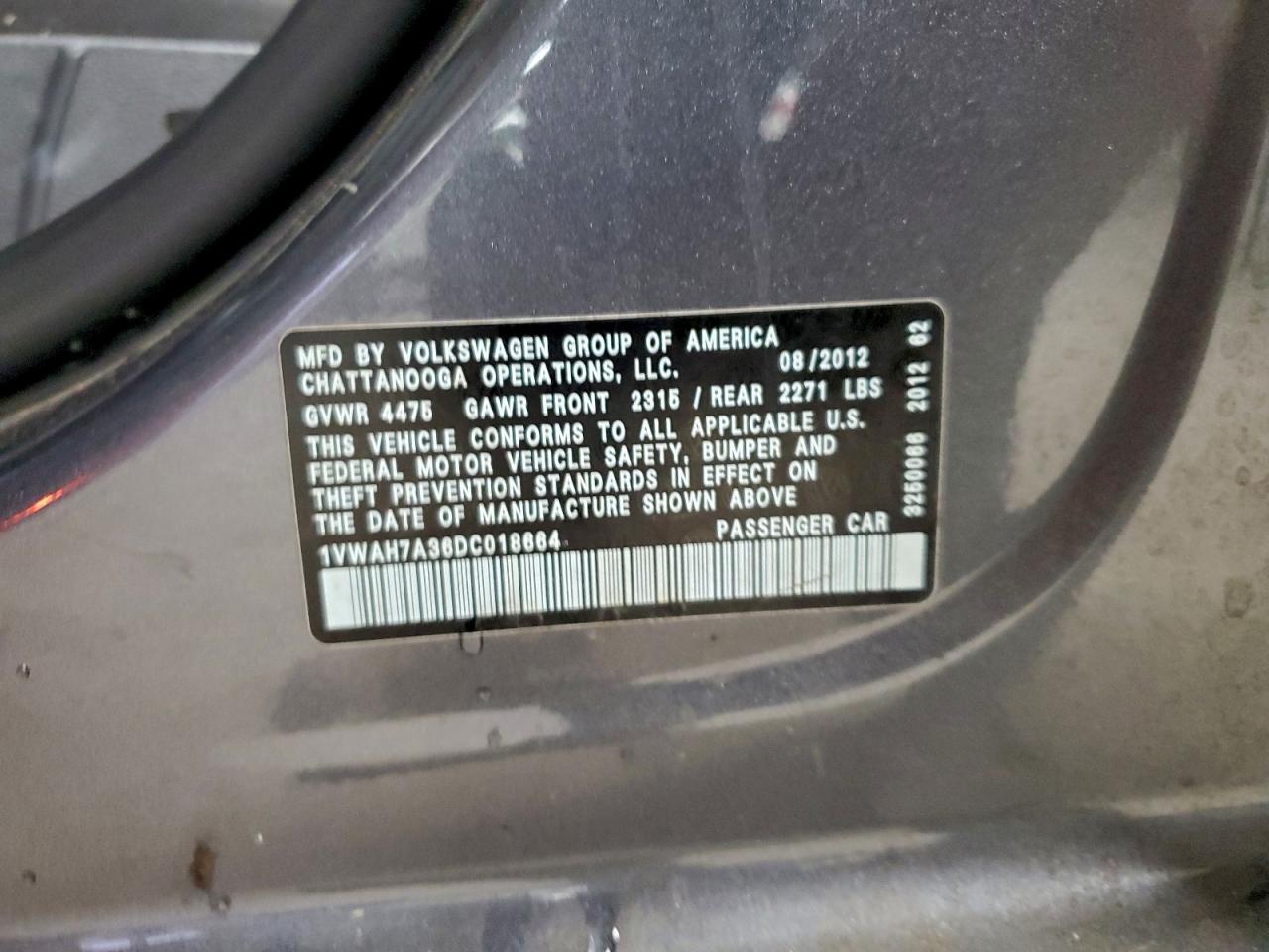 2013 Volkswagen Passat S VIN: 1VWAH7A36DC018664 Lot: 94516415