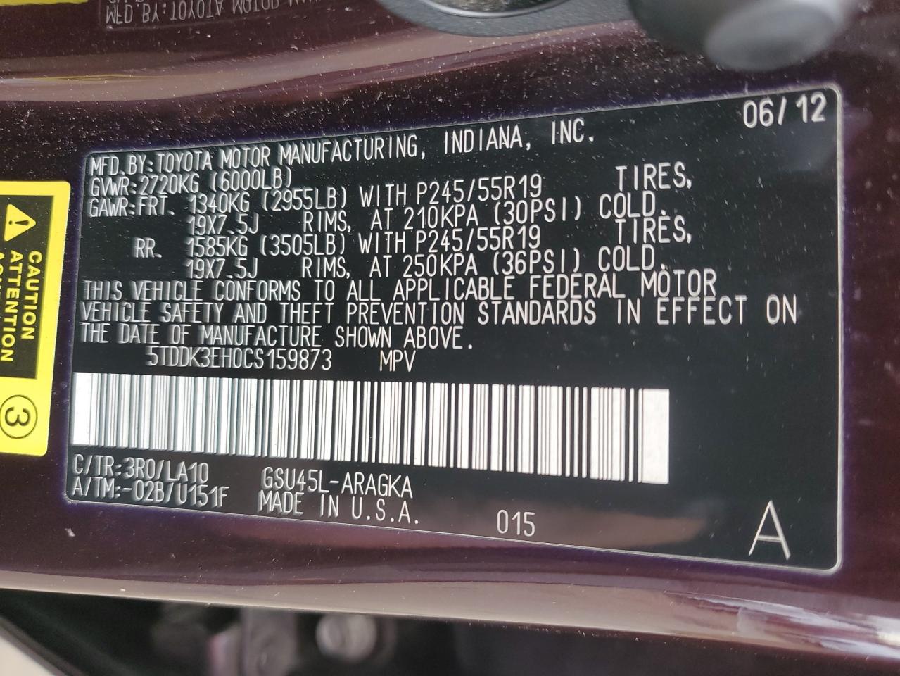 2012 Toyota Highlander Limited VIN: 5TDDK3EH0CS159873 Lot: 90596715