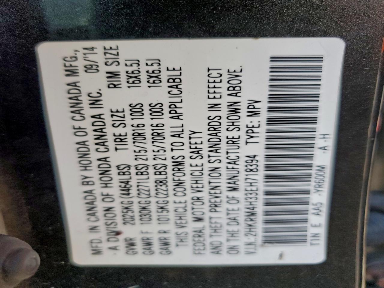 2014 Honda Cr-V Lx VIN: 2HKRM4H33EH718394 Lot: 93190855