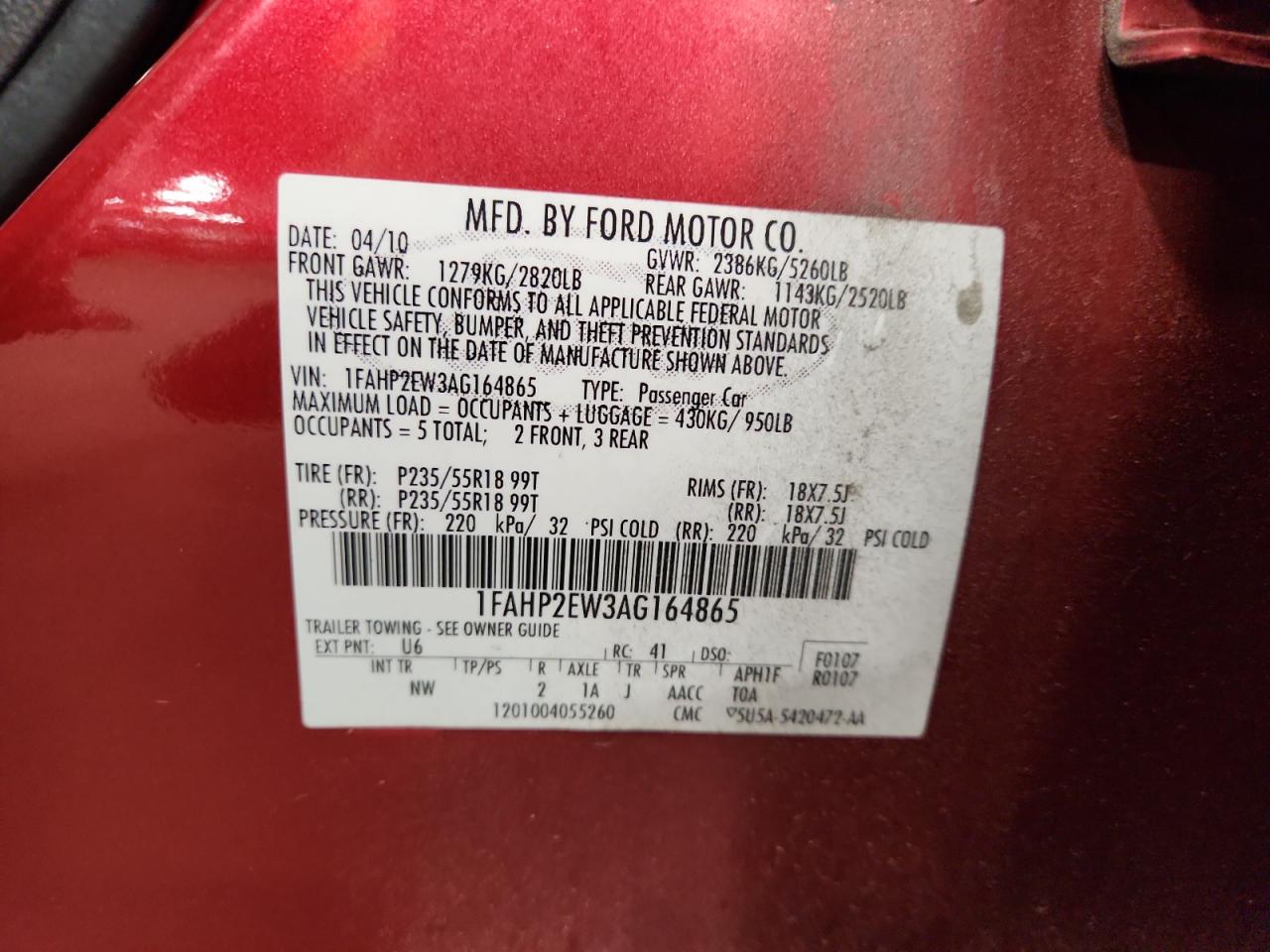 2010 Ford Taurus Sel VIN: 1FAHP2EW3AG164865 Lot: 92816955