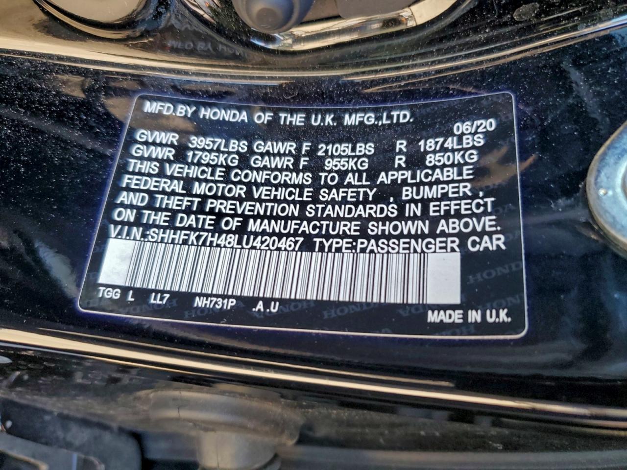 2020 Honda Civic Sport VIN: SHHFK7H48LU420467 Lot: 93991925