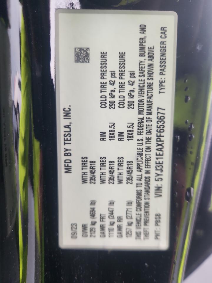 2023 Tesla Model 3 VIN: 5YJ3E1EAXPF653677 Lot: 92728645