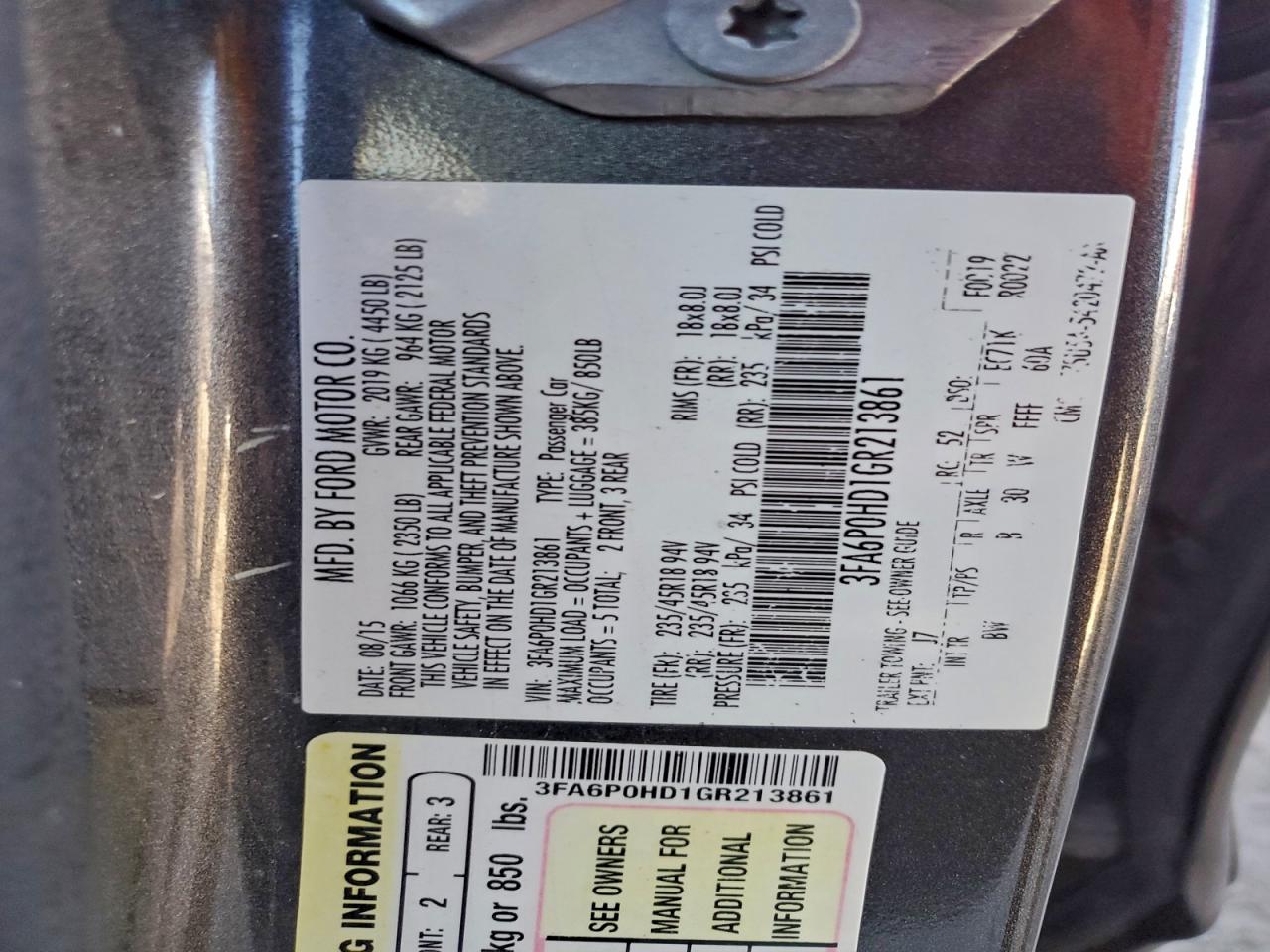 2016 Ford Fusion Se VIN: 3FA6P0HD1GR213861 Lot: 93966465