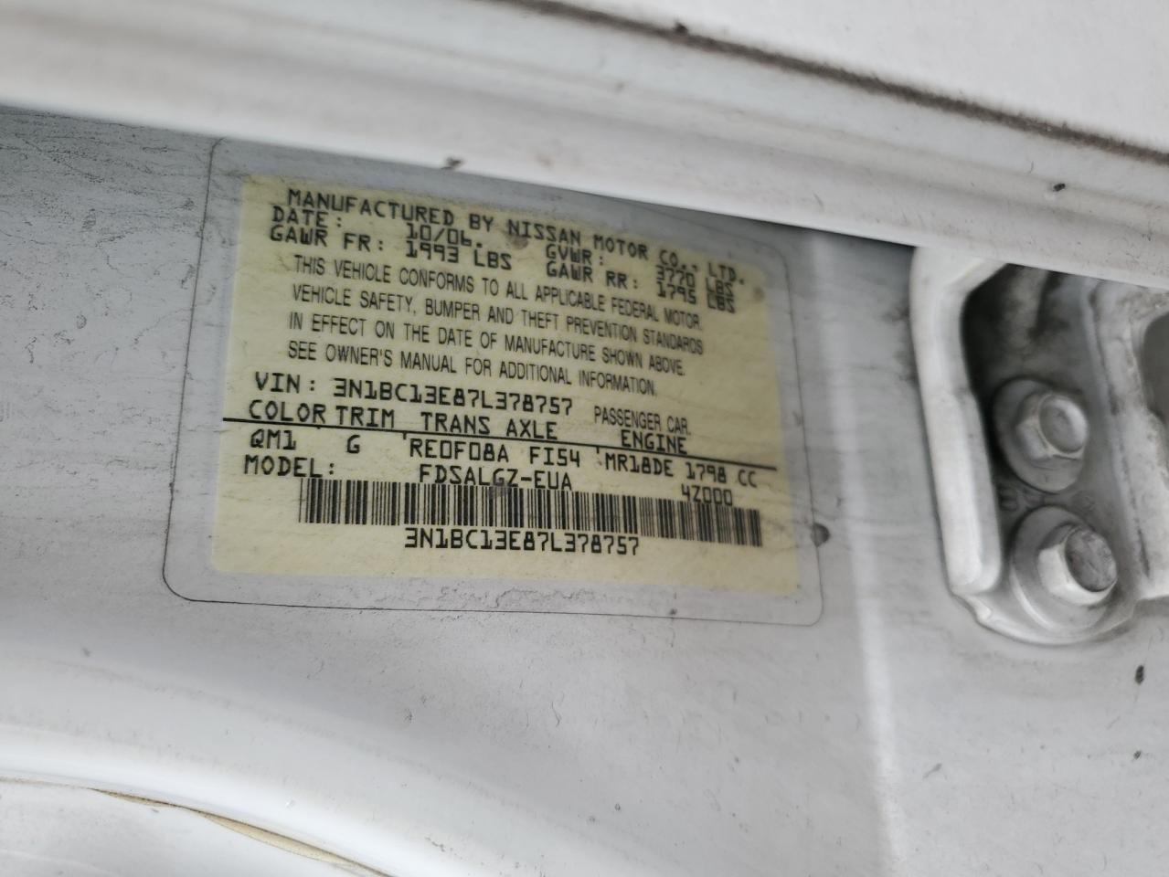 2007 Nissan Versa S VIN: 3N1BC13E87L378757 Lot: 92487875