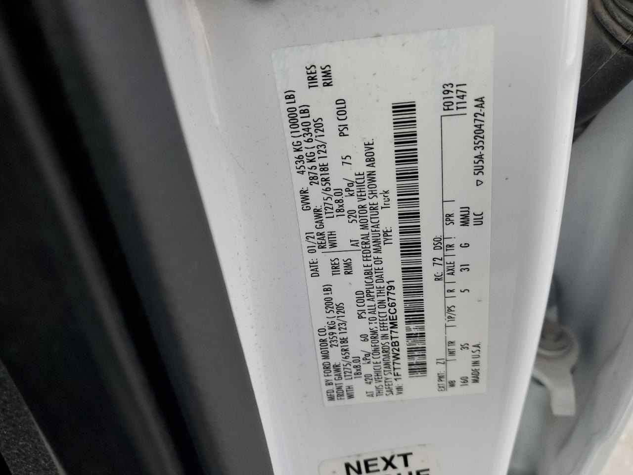 2021 Ford F250 Super Duty VIN: 1FT7W2BT7MEC67791 Lot: 92490845