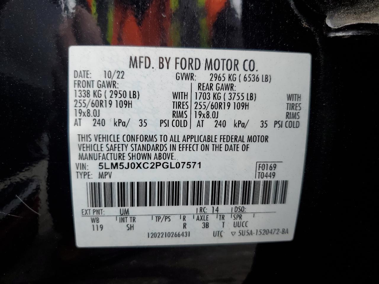 2023 Lincoln Aviator VIN: 5LM5J0XC2PGL07571 Lot: 91530415