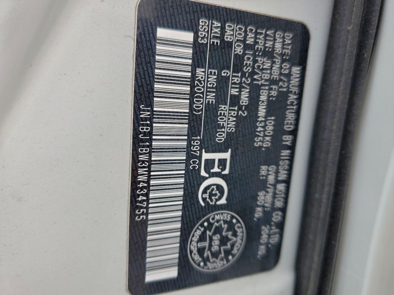 2021 Nissan Rogue Sport Sv VIN: JN1BJ1BW3MW434755 Lot: 94478185