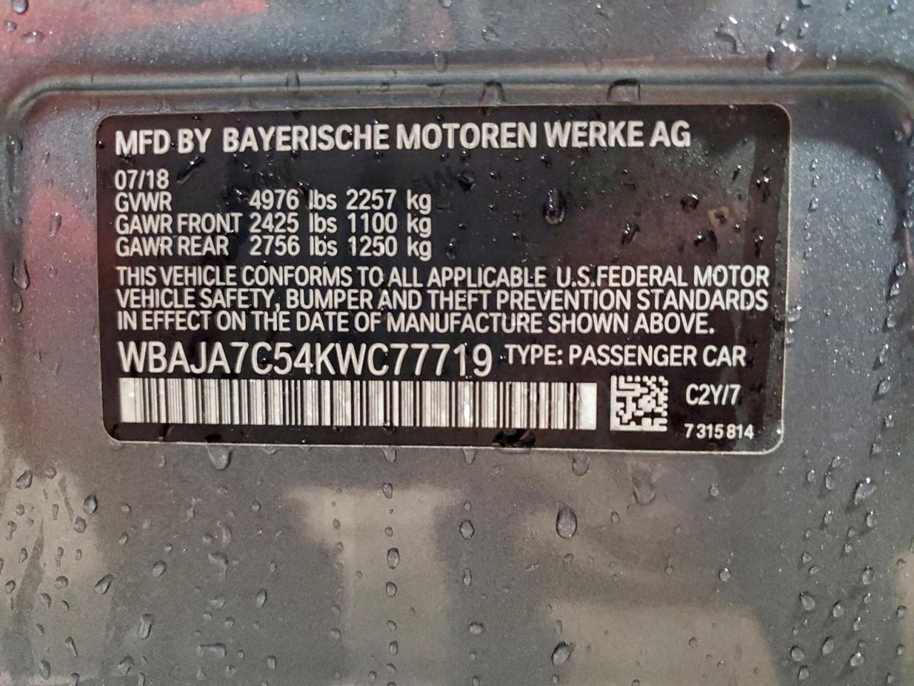 2019 BMW 530 Xi VIN: WBAJA7C54KWC77719 Lot: 93824905