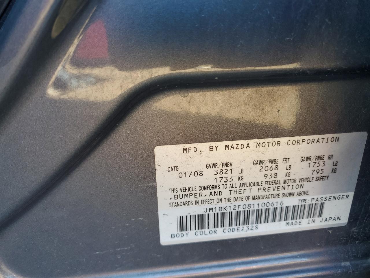 2008 Mazda 3 I VIN: JM1BK12F081100616 Lot: 92226025