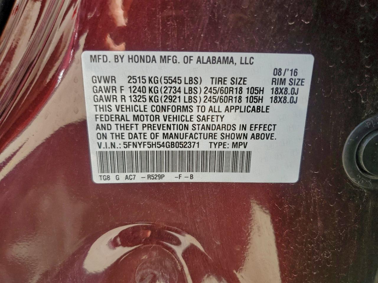 2016 Honda Pilot Exl VIN: 5FNYF5H54GB052371 Lot: 93129965