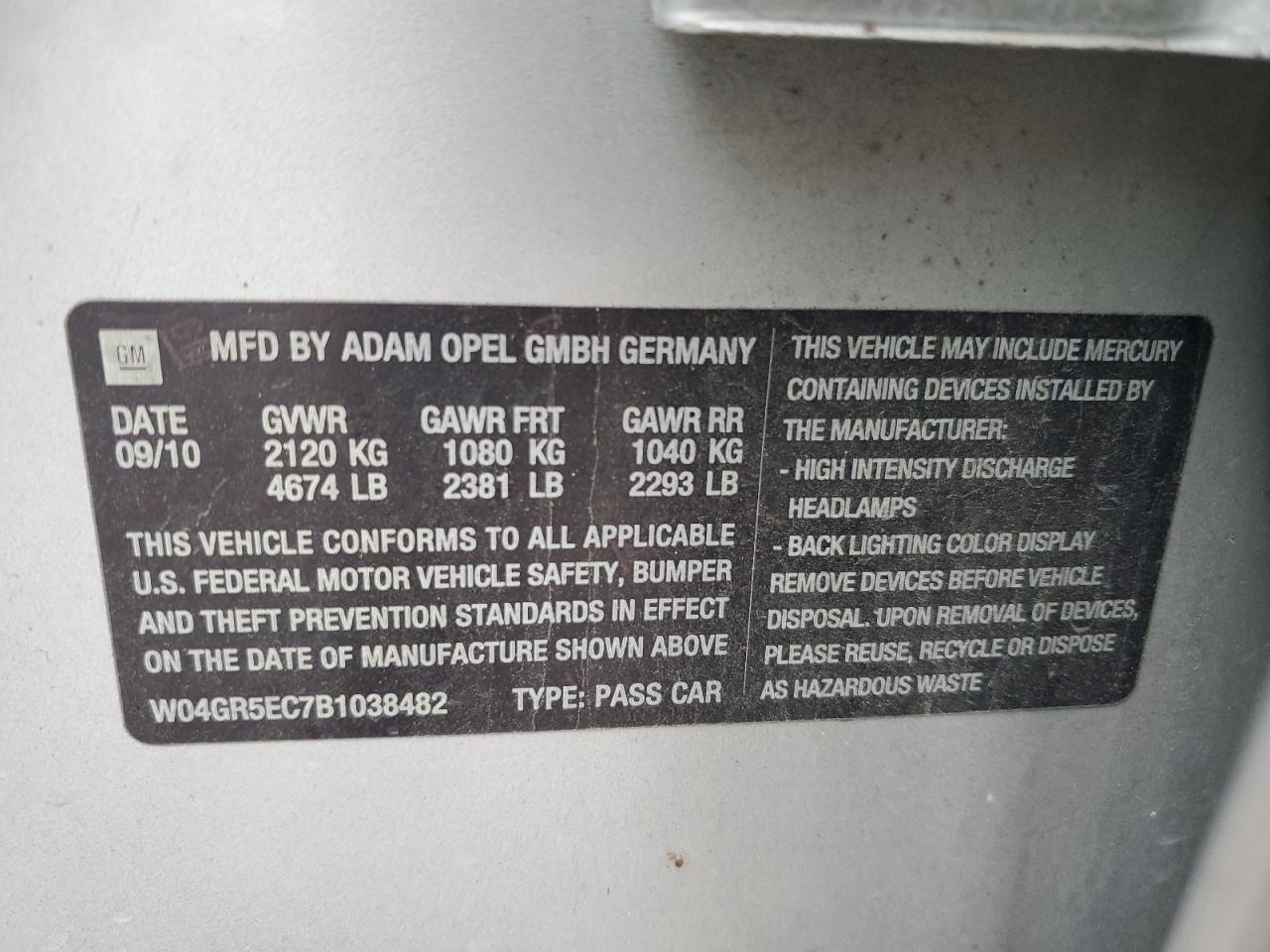 2011 Buick Regal Cxl VIN: W04GR5EC7B1038482 Lot: 93485225