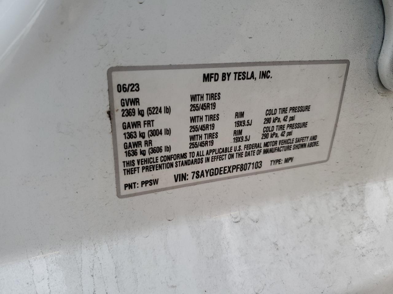 2023 Tesla Model Y VIN: 7SAYGDEEXPF807103 Lot: 92605935