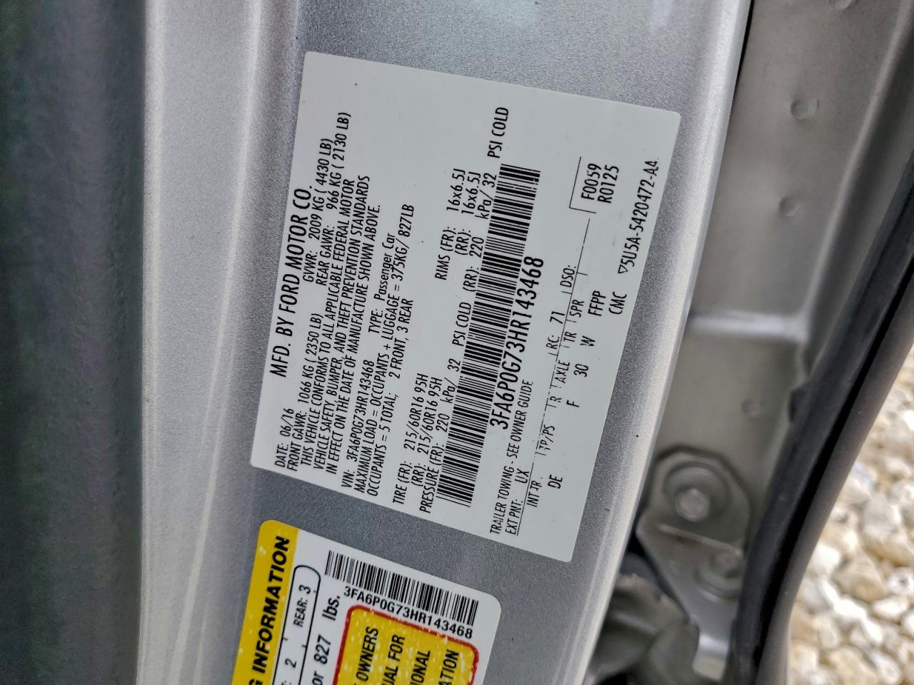 2017 Ford Fusion S VIN: 3FA6P0G73HR143468 Lot: 93412905