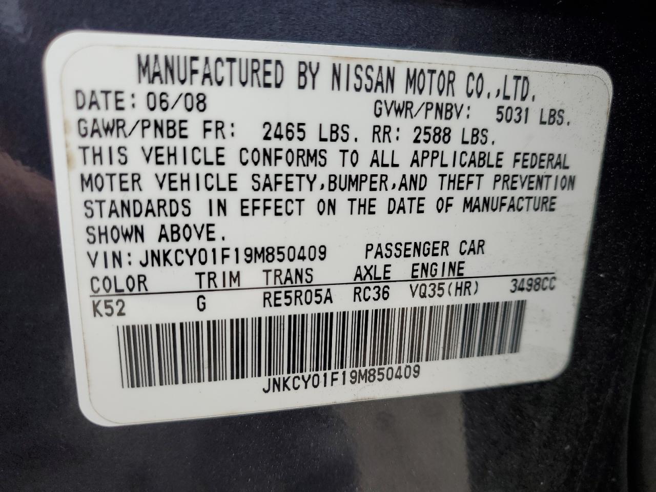 2009 Infiniti M35 Base VIN: JNKCY01F19M850409 Lot: 91364425
