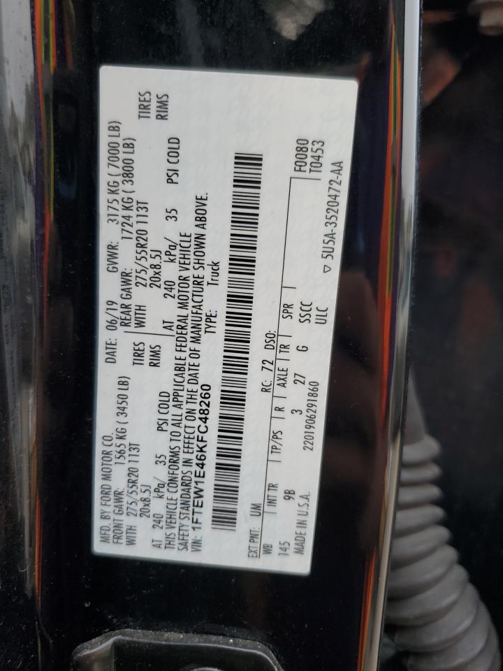 2019 Ford F150 Supercrew VIN: 1FTEW1E46KFC48260 Lot: 91917865