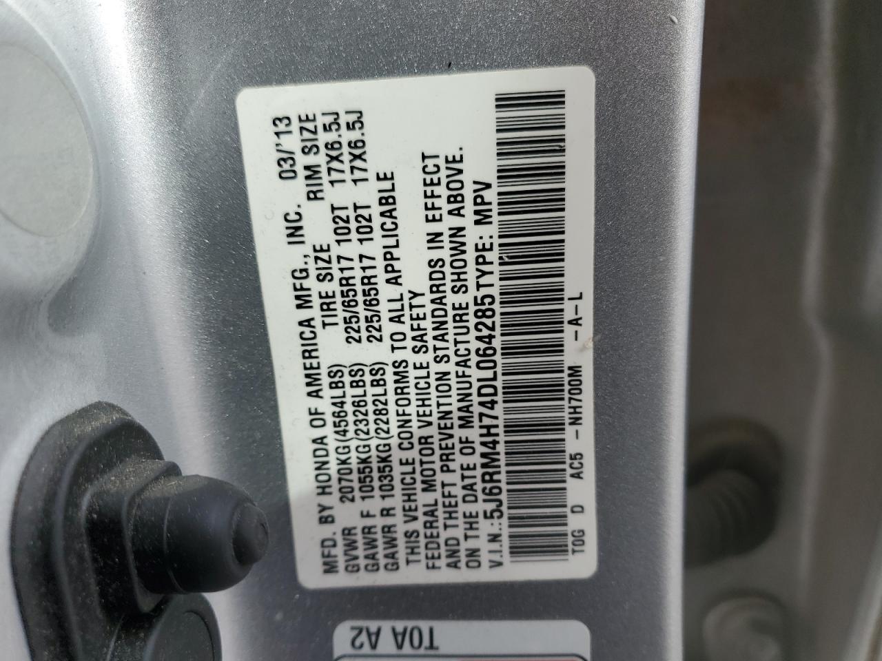 2013 Honda Cr-V Exl VIN: 5J6RM4H74DL064285 Lot: 91080845