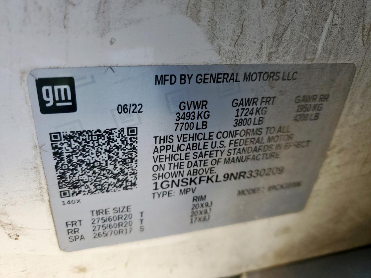 2022 Chevrolet Suburban K1500 Premier VIN: 1GNSKFKL9NR330209 Lot: 91826505