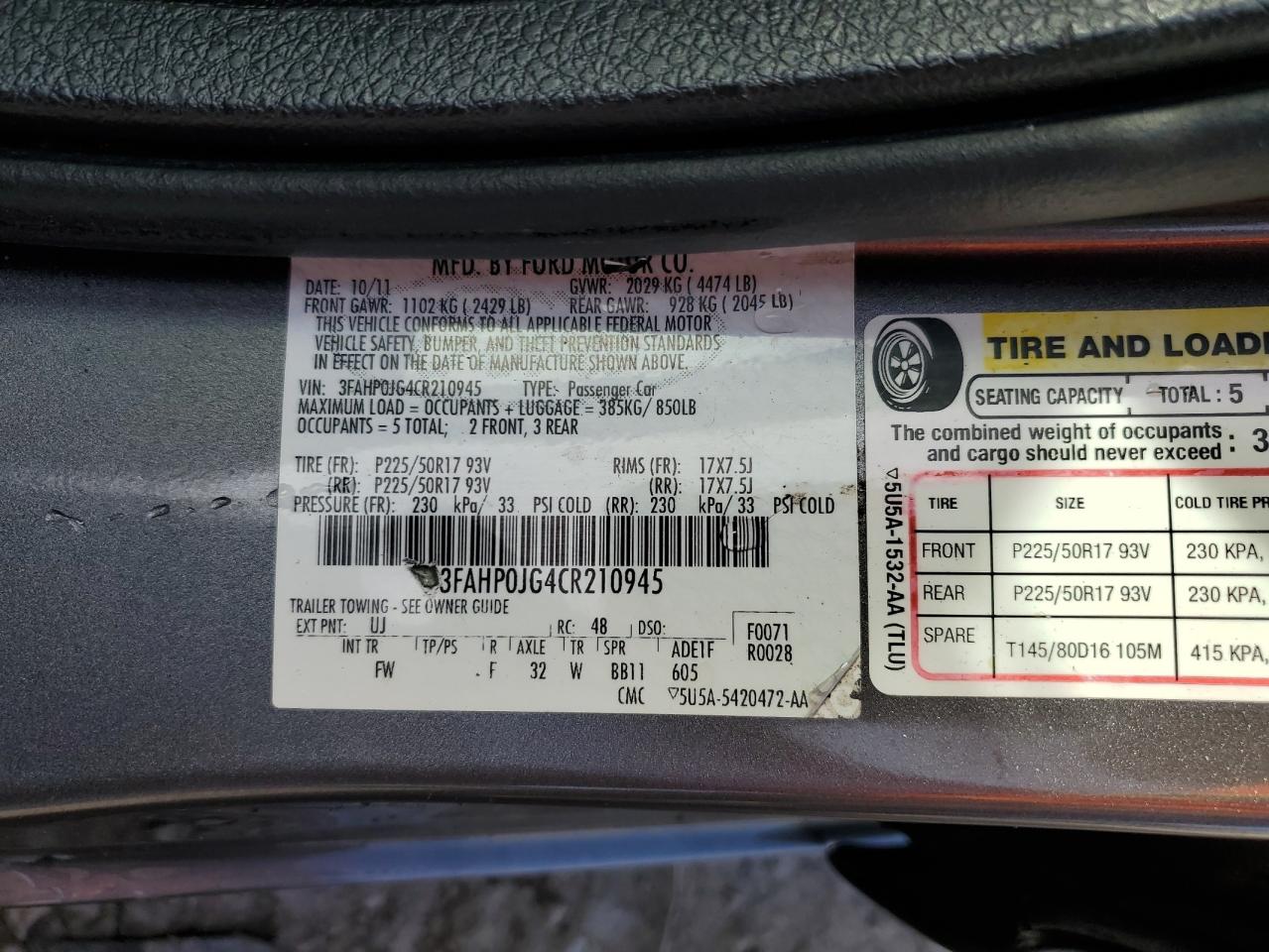 2012 Ford Fusion Sel VIN: 3FAHP0JG4CR210945 Lot: 91012815