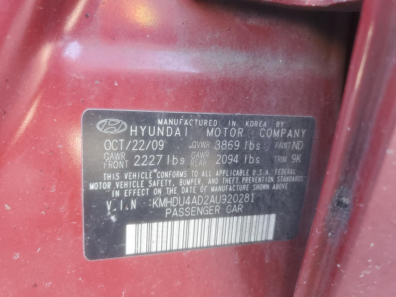 2010 Hyundai Elantra Blue VIN: KMHDU4AD2AU920281 Lot: 92677905