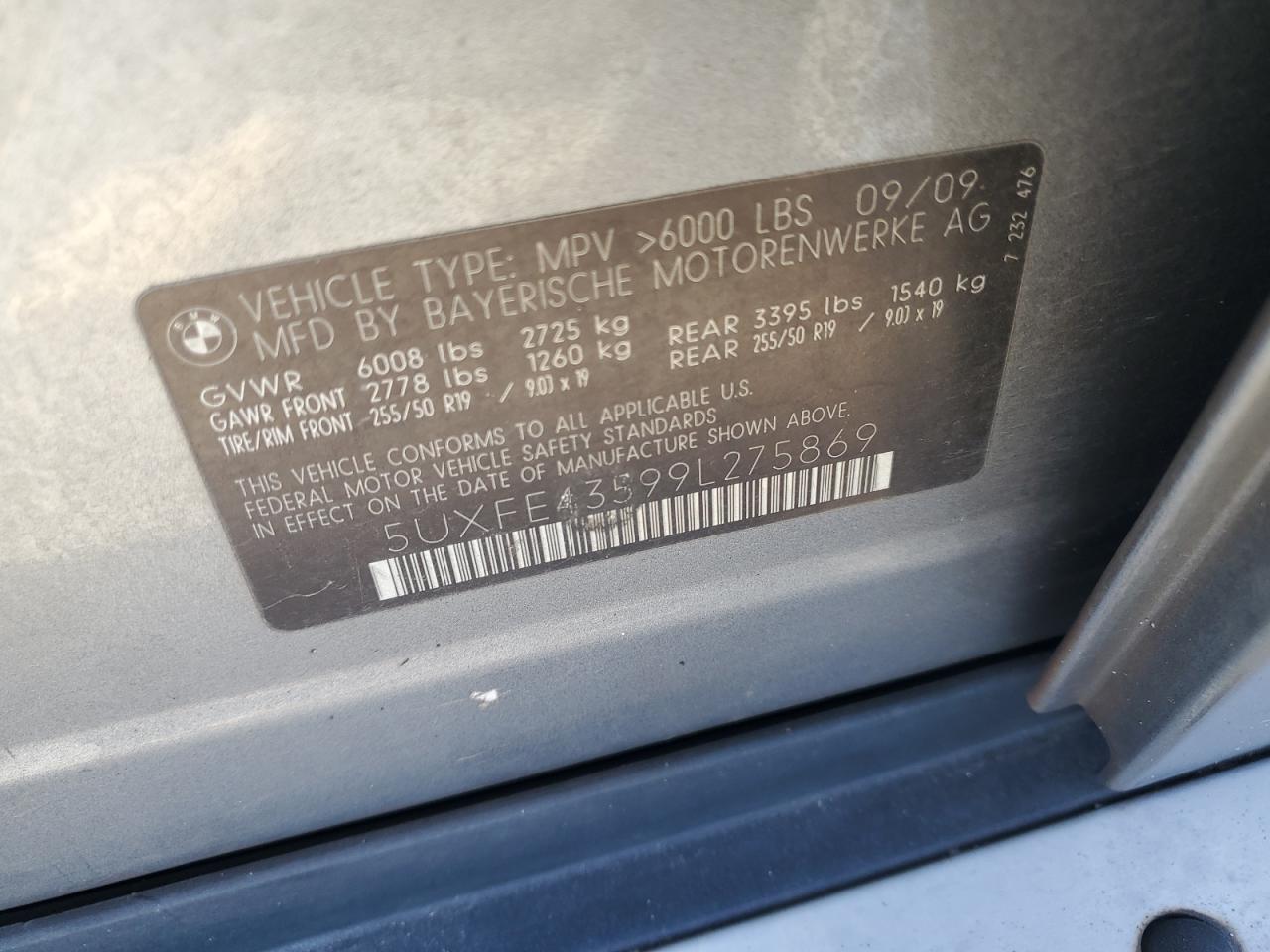 2009 BMW X5 xDrive30I VIN: 5UXFE43599L275869 Lot: 91910775