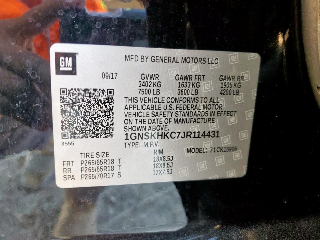 2018 Chevrolet Suburban K1500 Lt VIN: 1GNSKHKC7JR114431 Lot: 91092715