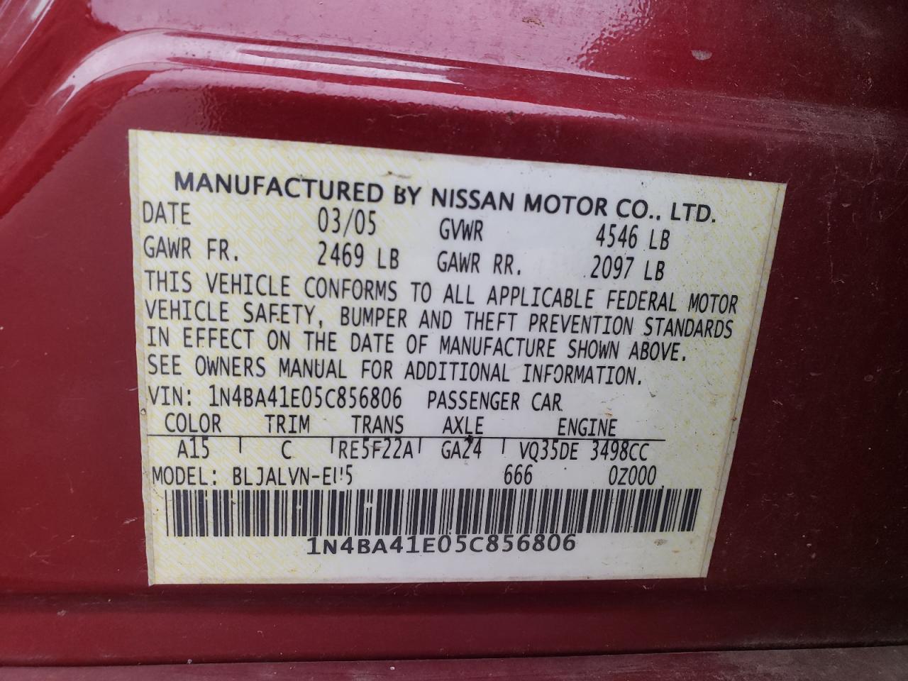 2005 Nissan Maxima Se VIN: 1N4BA41E05C856806 Lot: 91821745