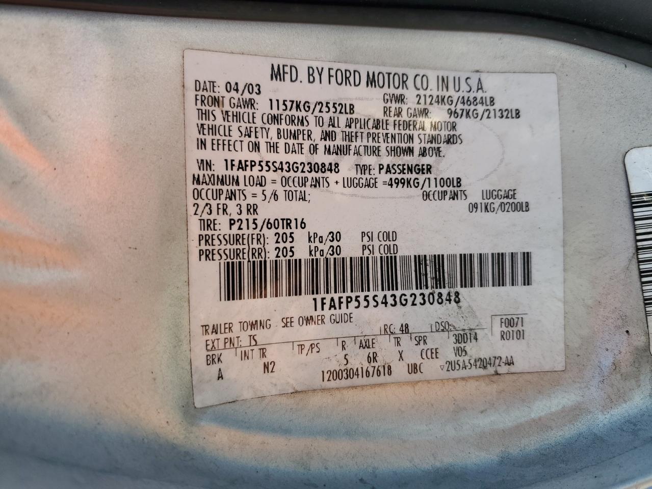 2003 Ford Taurus Ses VIN: 1FAFP55S43G230848 Lot: 93558375