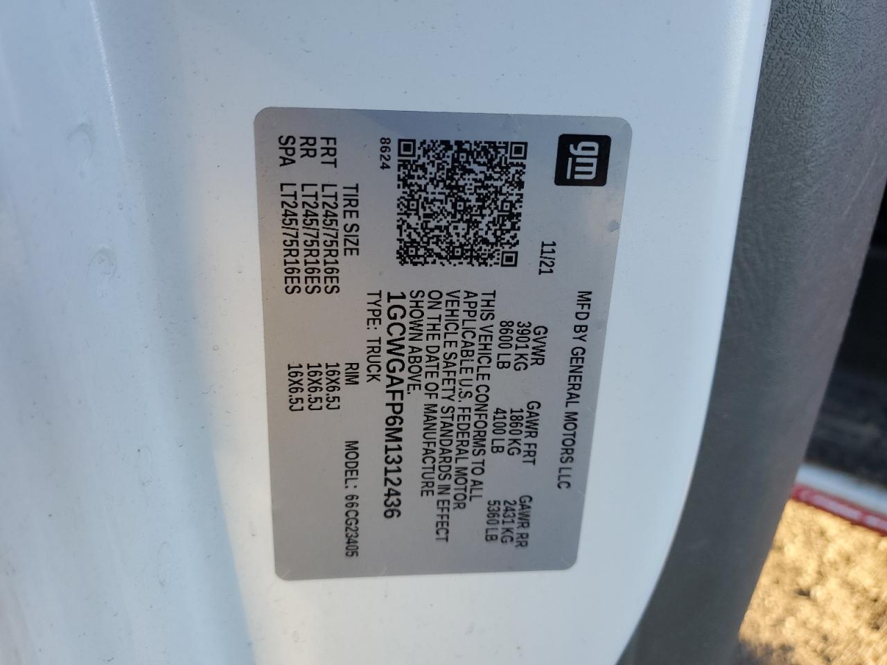 2021 Chevrolet Express G2500 Utility / Service Van VIN: 1GCWGAFP6M1312436 Lot: 93054095