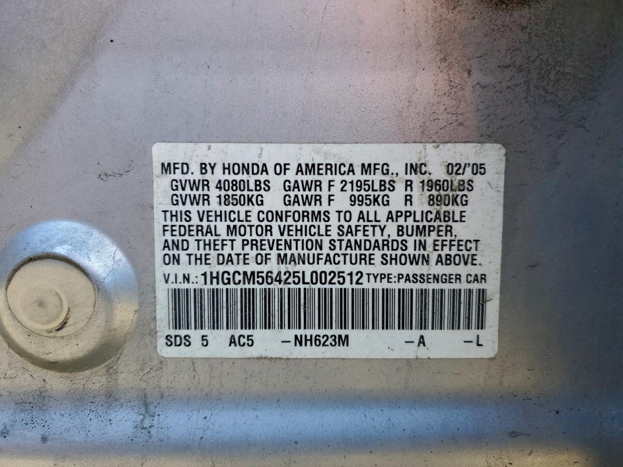 2005 Honda Accord Lx VIN: 1HGCM56425L002512 Lot: 93865295