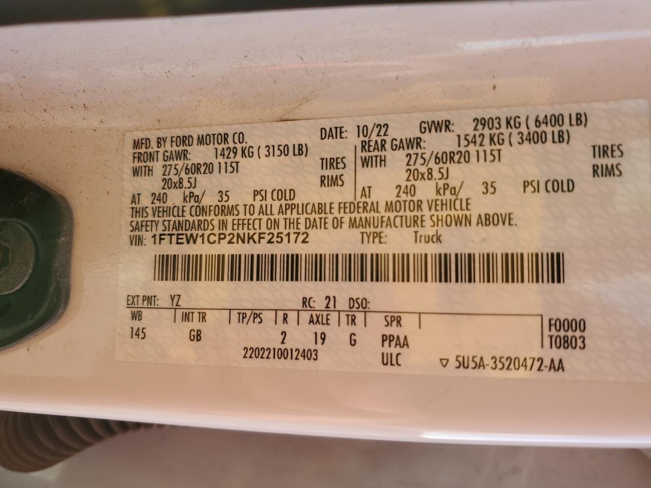 2022 Ford F150 Supercrew VIN: 1FTEW1CP2NKF25172 Lot: 92181105