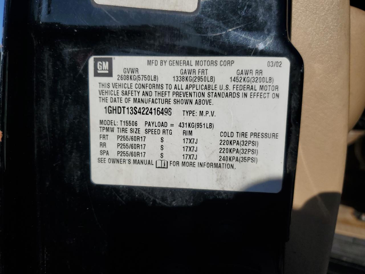 2002 Oldsmobile Bravada VIN: 1GHDT13S422416498 Lot: 91765045