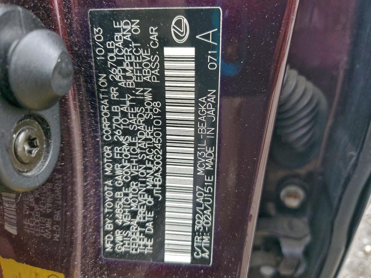 2004 Lexus Es 330 VIN: JTHBA30G245010198 Lot: 94015755