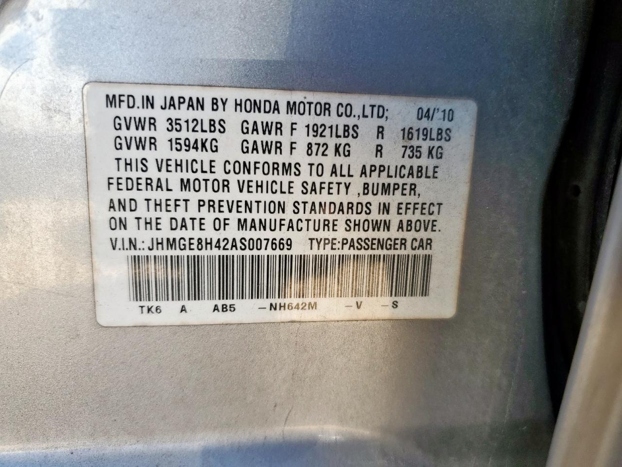 2010 Honda Fit Sport VIN: JHMGE8H42AS007669 Lot: 92811215