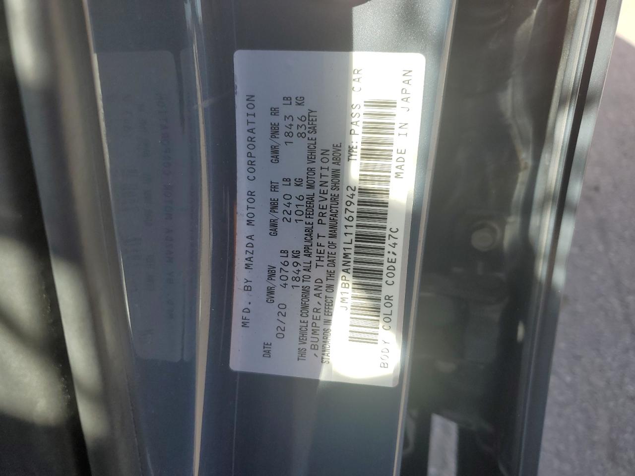 2020 Mazda 3 Premium VIN: JM1BPANM1L1167942 Lot: 92277855