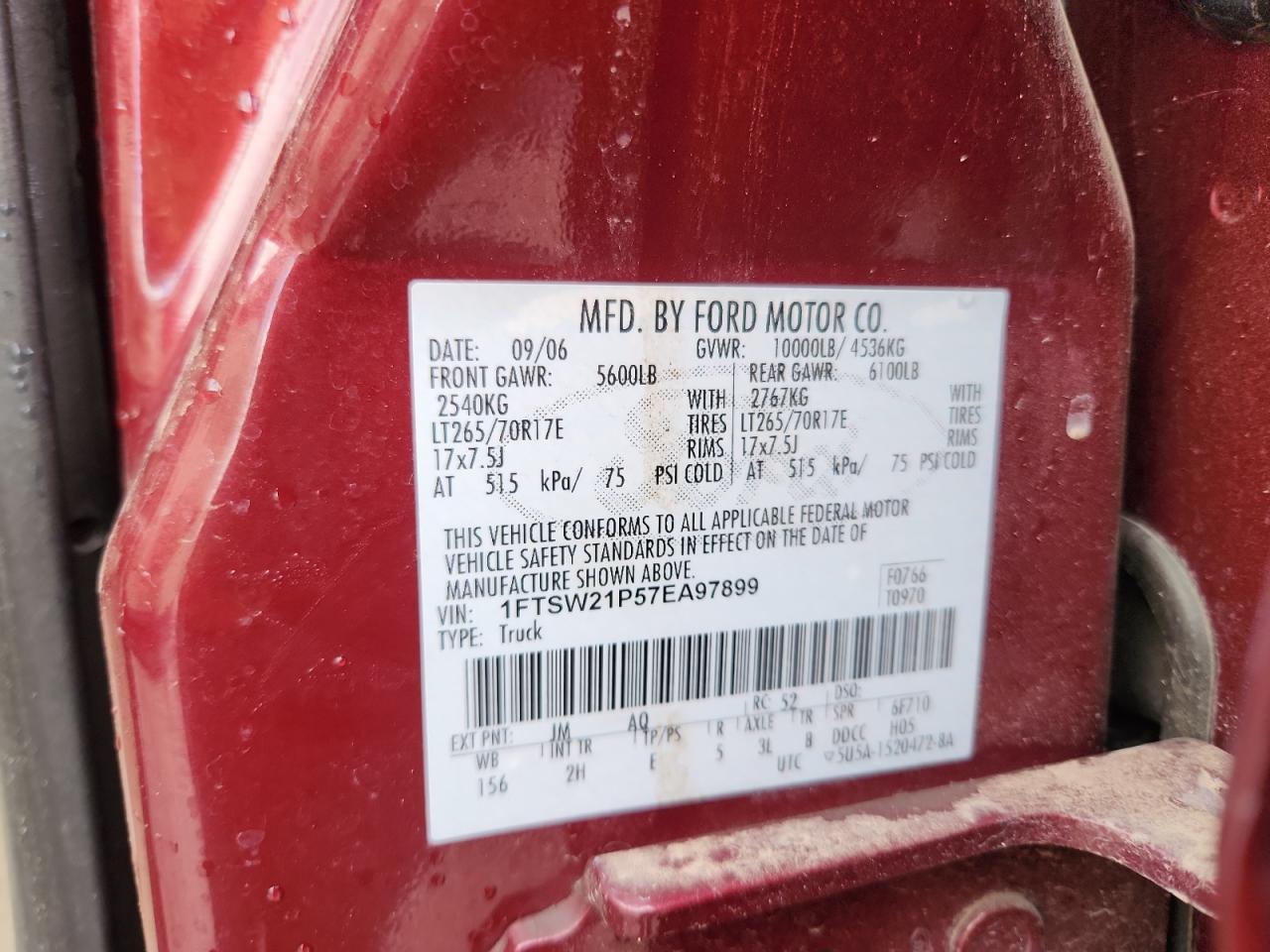 2007 Ford F250 Super Duty VIN: 1FTSW21P57EA97899 Lot: 93844655